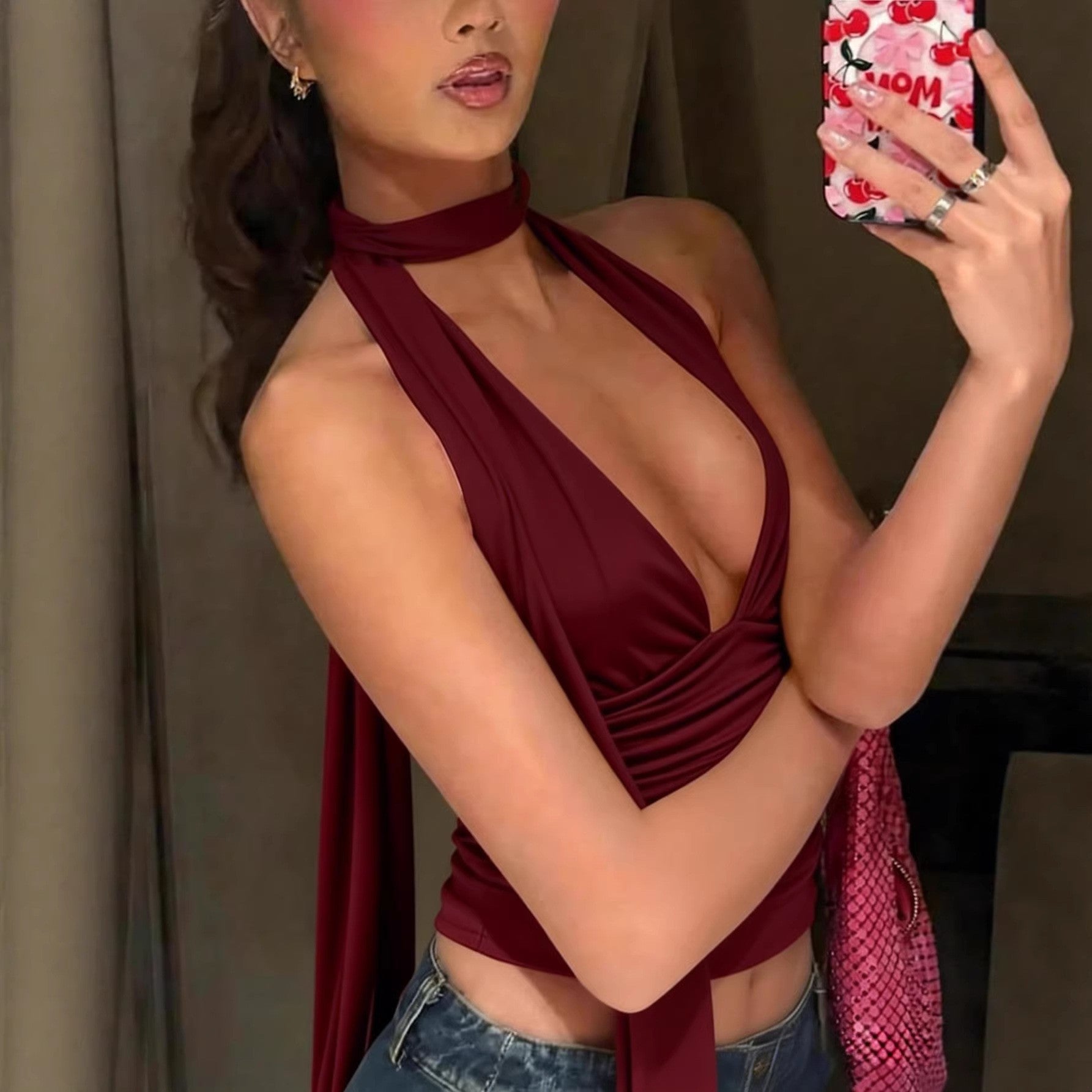 Deep V-neck Ruched Slim-fit Backless Short Womens Top | Luxury Home Accessories | Heulog Glow