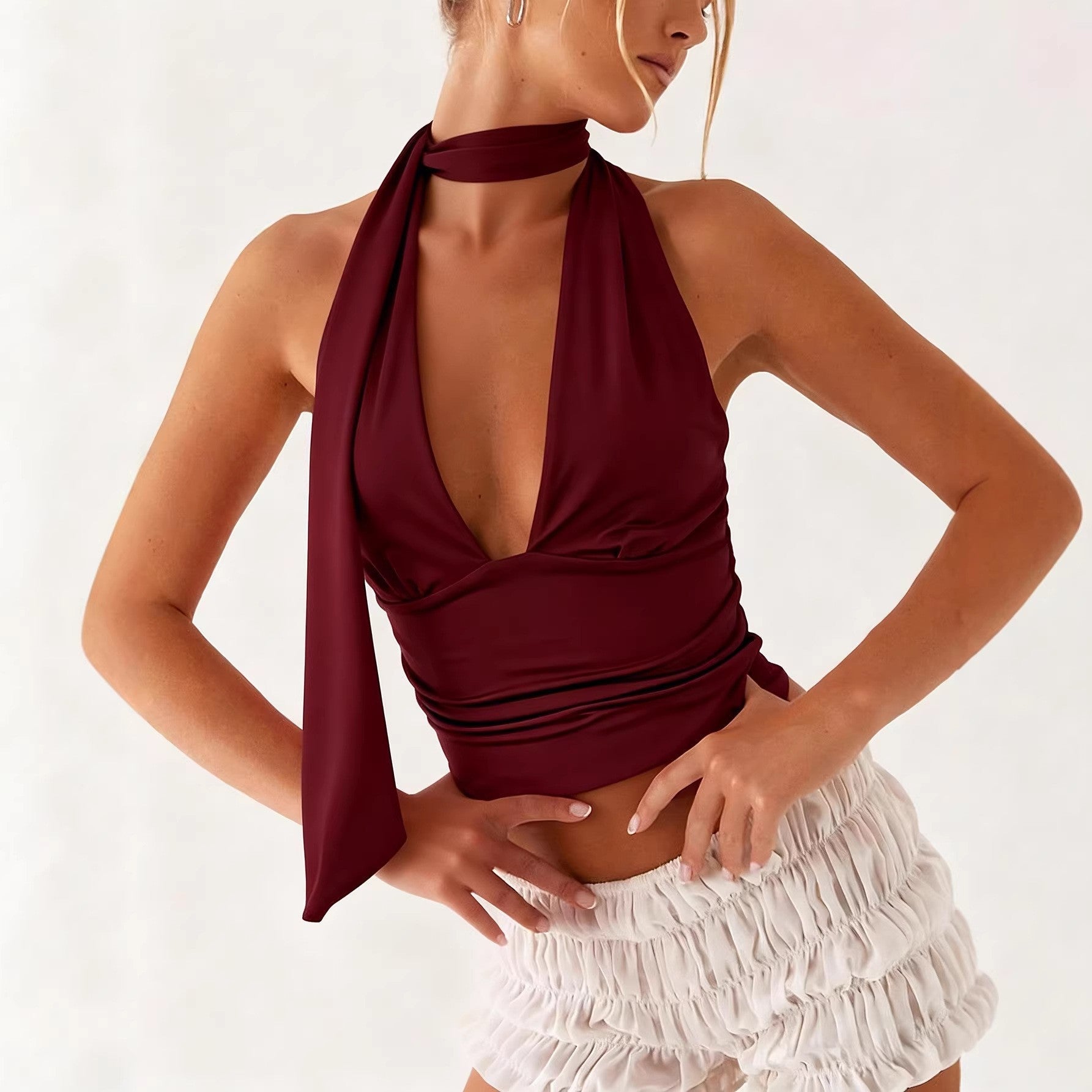 Deep V-neck Ruched Slim-fit Backless Short Womens Top | Luxury Home Accessories | Heulog Glow