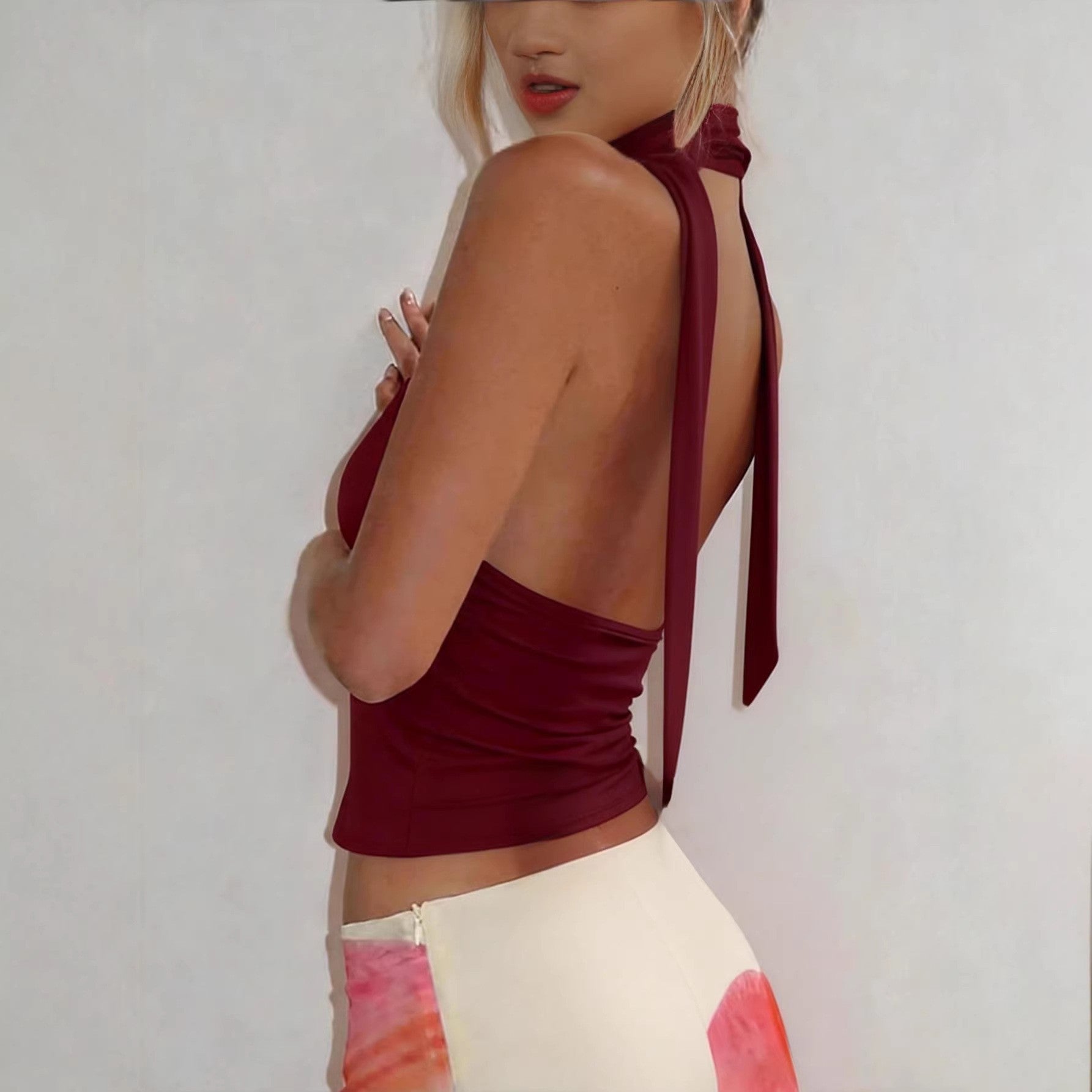 Deep V-neck Ruched Slim-fit Backless Short Womens Top | Luxury Home Accessories | Heulog Glow