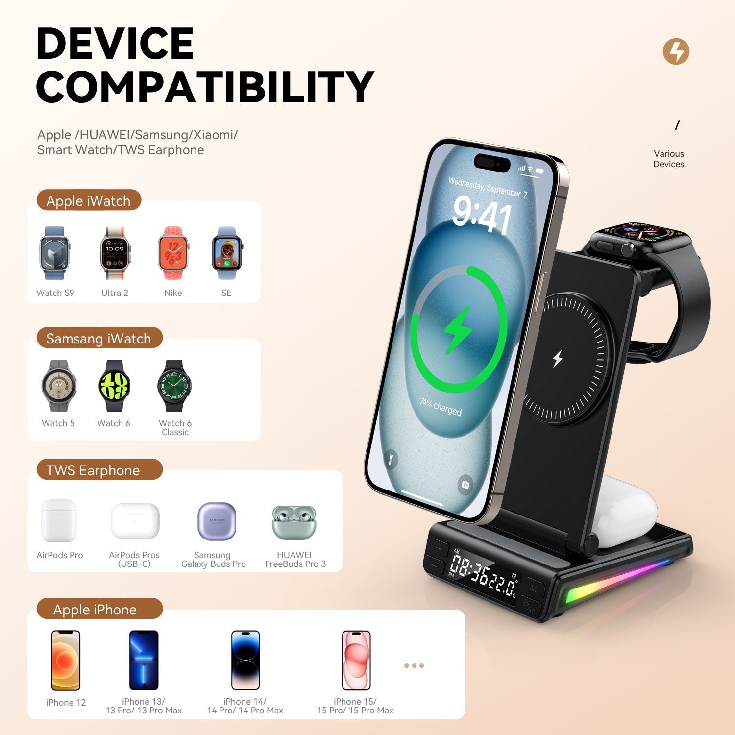 Desktop Vertical Five-in-one Folding Multifunctional Wireless Charger | Luxury Home Accessories | Heulog Glow
