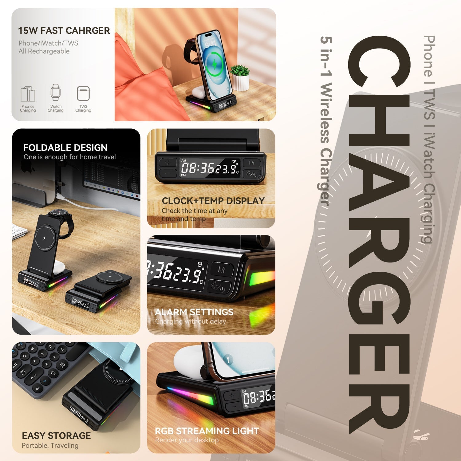 Desktop Vertical Five-in-one Folding Multifunctional Wireless Charger | Luxury Home Accessories | Heulog Glow
