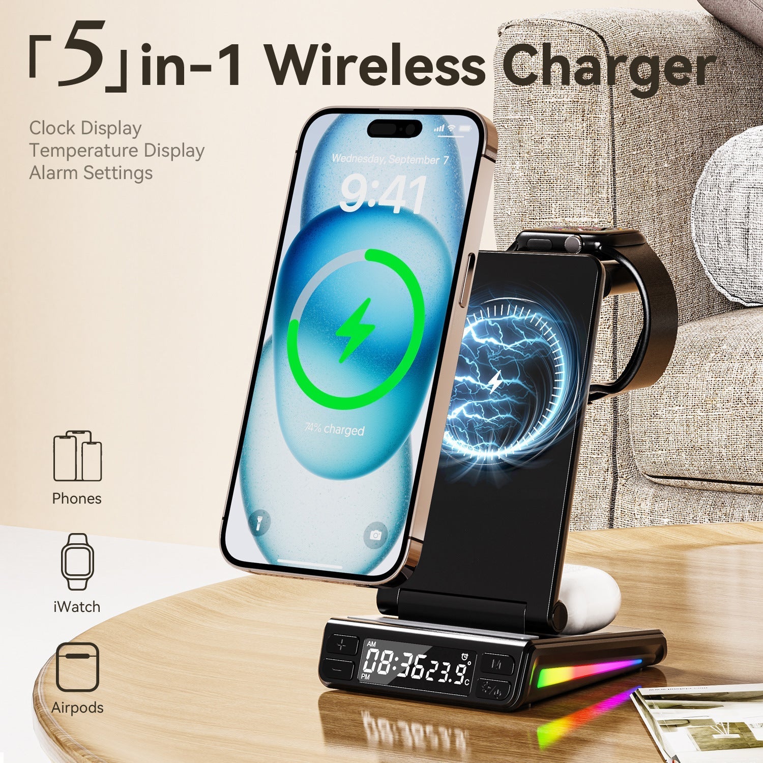 Desktop Vertical Five-in-one Folding Multifunctional Wireless Charger | Luxury Home Accessories | Heulog Glow