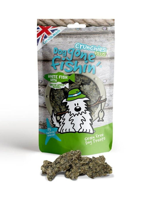 Dog Gone Fishin' White Fish With GL Mussel Crunchies+ 75g | Luxury Home Accessories | Heulog Glow