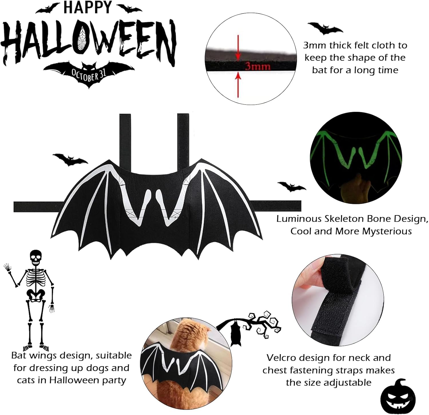 Dog Halloween Costumes Dog Bat Costume Cool Luminous Skeleton Bone Bat Wings Pets Cosplay Costumes Dress Up Apparel For Small Medium Large Cats And Dogs | Luxury Home Accessories | Heulog Glow