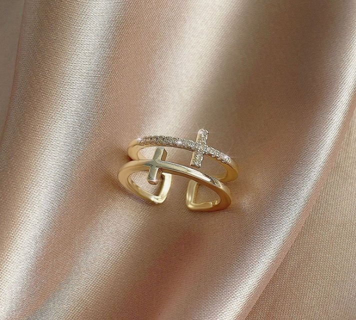 Double Cross Miniature Copper Inlaid Zircon Ring | Luxury Home Accessories | Heulog Glow
