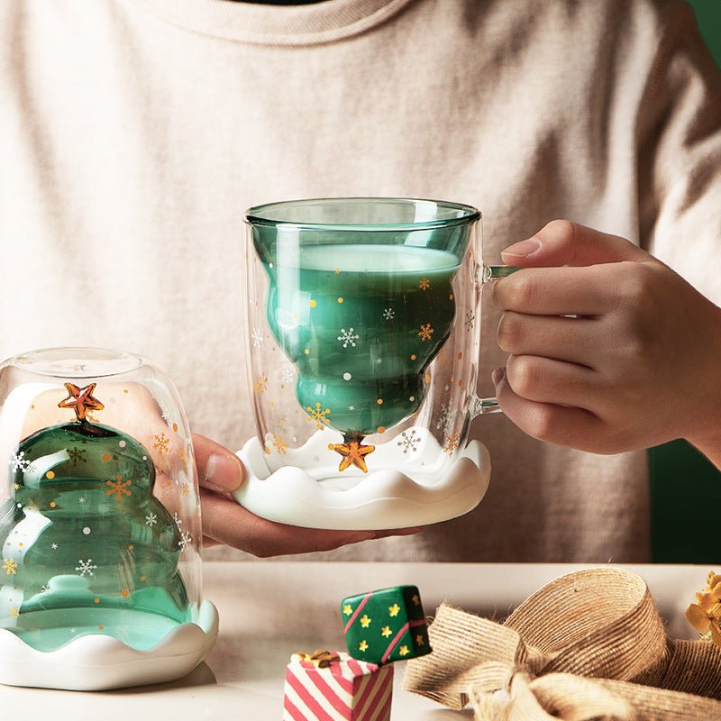 Double Heat Resistant Glass Coffee Cup Christmas Tree With Handle And Lid Milk Water Cup Cute Household Breakfast Whiskey Mug | Luxury Home Accessories | Heulog Glow