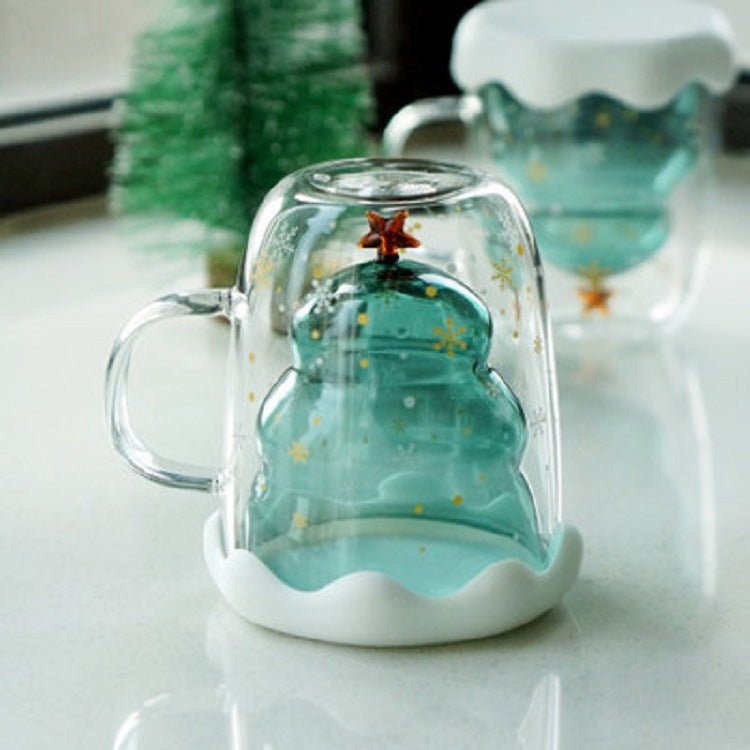 Double Heat Resistant Glass Coffee Cup Christmas Tree With Handle And Lid Milk Water Cup Cute Household Breakfast Whiskey Mug | Luxury Home Accessories | Heulog Glow