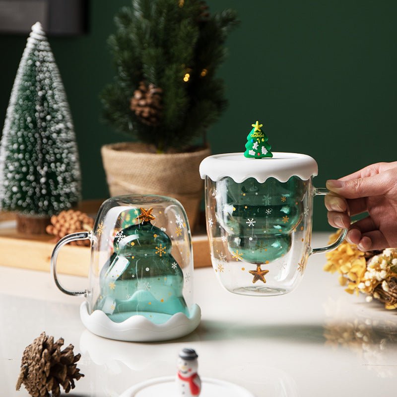 Double Heat Resistant Glass Coffee Cup Christmas Tree With Handle And Lid Milk Water Cup Cute Household Breakfast Whiskey Mug | Luxury Home Accessories | Heulog Glow