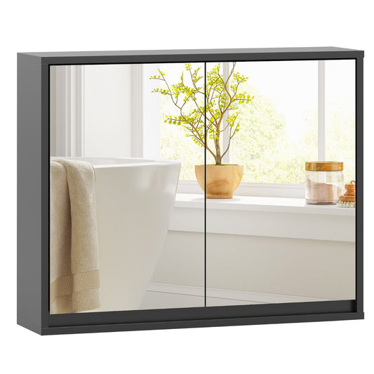 Double Mirrored Door Cabinet with Storage Shelf for Bathroom-Black