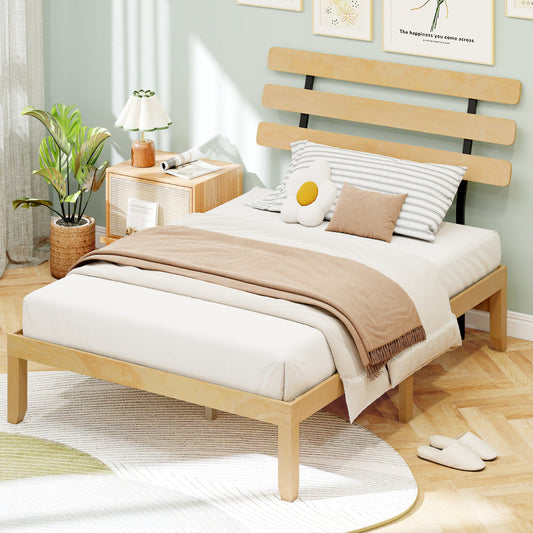 Solid Wood Platform Bed with Retro Headboard Slats Support Mattress Foundation-Natural-Double Size