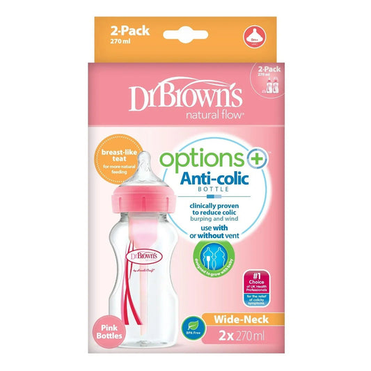 Dr. Brown's Options+ Anti-Colic Baby Bottle Wide Neck Pink 270ml Pack of 2 | Luxury Home Accessories | Heulog Glow