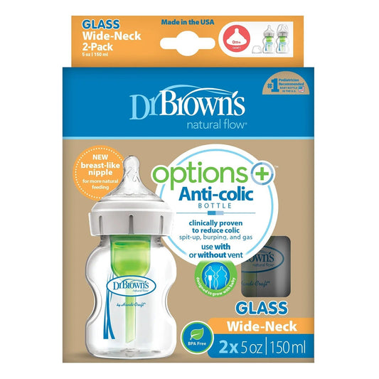 Dr. Brown's Options+ Wide Neck Anti-Colic Glass Bottle 150ml Pack of 2 | Luxury Home Accessories | Heulog Glow
