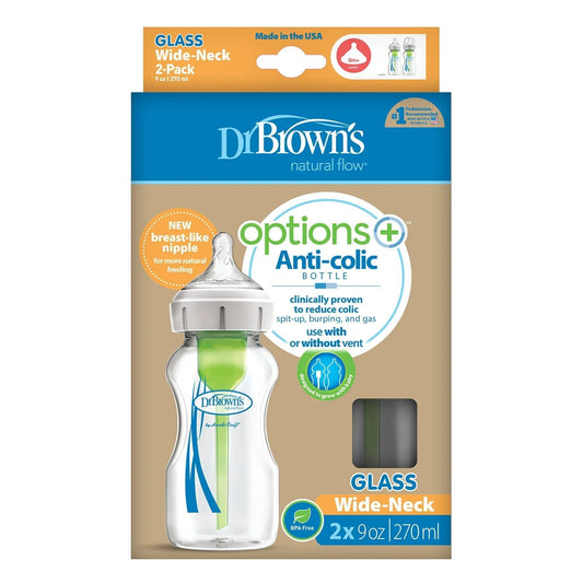 Dr. Brown's Options+ Wide Neck Anti-Colic Glass Bottle 270ml Pack of 2 | Luxury Home Accessories | Heulog Glow
