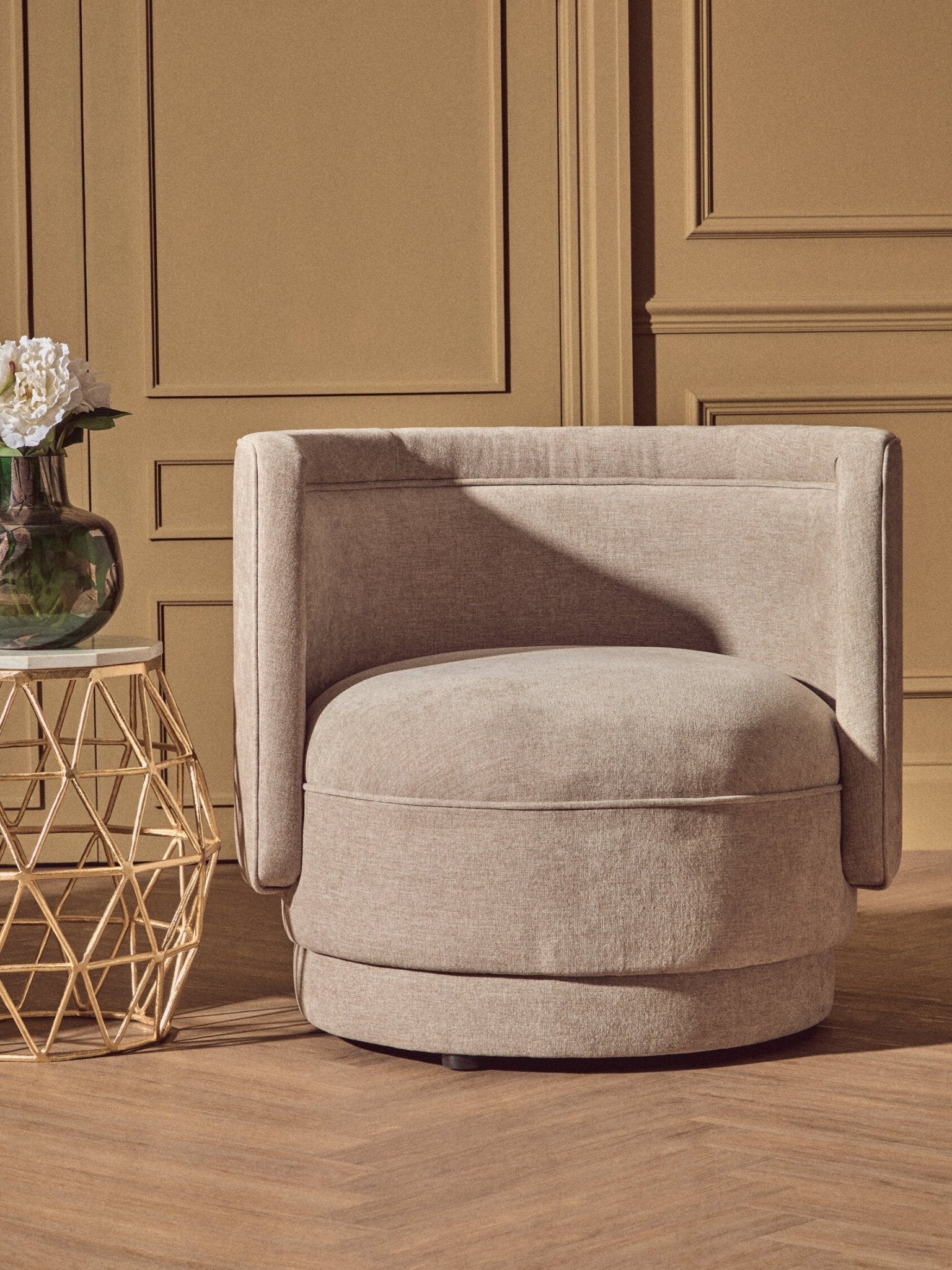 Drake Taupe Chenille Effect Curved Chair | Luxury Home Accessories | Heulog Glow