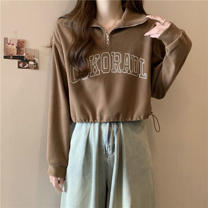 Drawstring Hem POLO Neck Sweatshirt Womens Loose Petite Short Half-Zip Top | Luxury Home Accessories | Heulog Glow