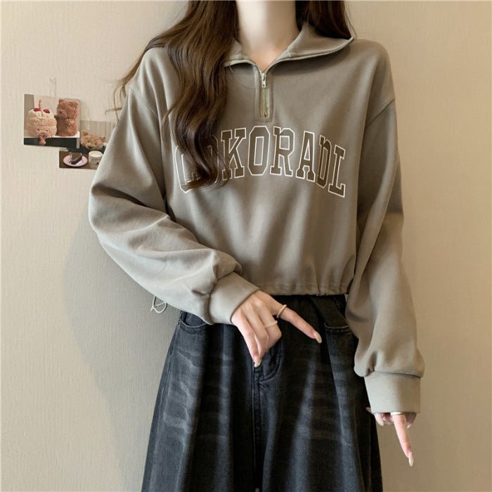 Drawstring Hem POLO Neck Sweatshirt Womens Loose Petite Short Half-Zip Top | Luxury Home Accessories | Heulog Glow