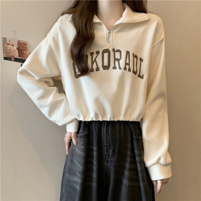 Drawstring Hem POLO Neck Sweatshirt Womens Loose Petite Short Half-Zip Top | Luxury Home Accessories | Heulog Glow
