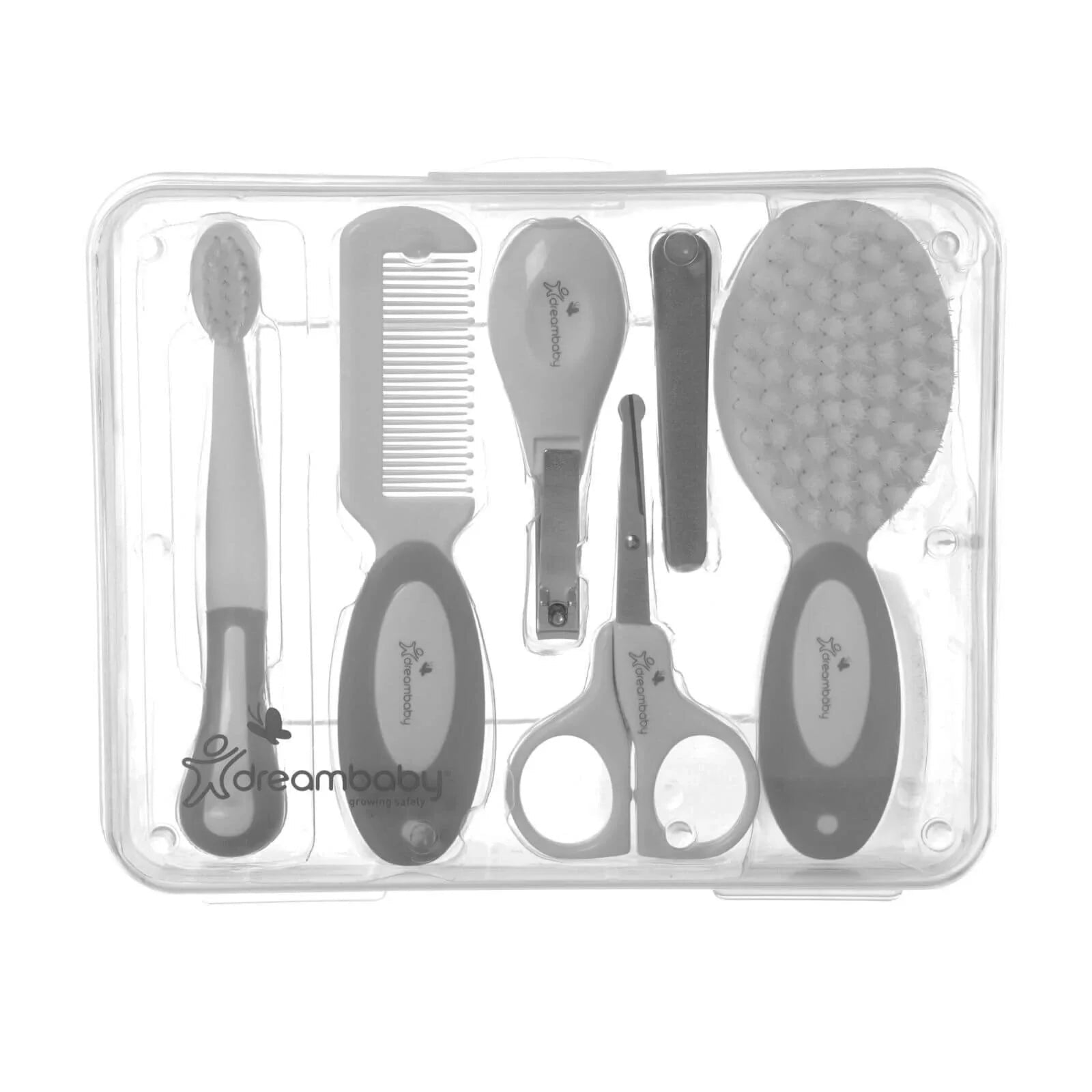 Dreambaby Essentials Deluxe (Ergo Handle) 10 pcs Grooming Kit in Clear Hard Case - Grey | Luxury Home Accessories | Heulog Glow