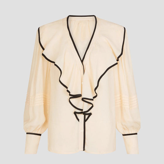 New Women's V-neck Retro Loose-fit Contrast-color Pleated Blouse