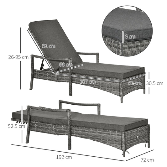 Rattan Single Sun Lounger Reclining Chair 4 Adjustable Backrest & Cushion Grey
