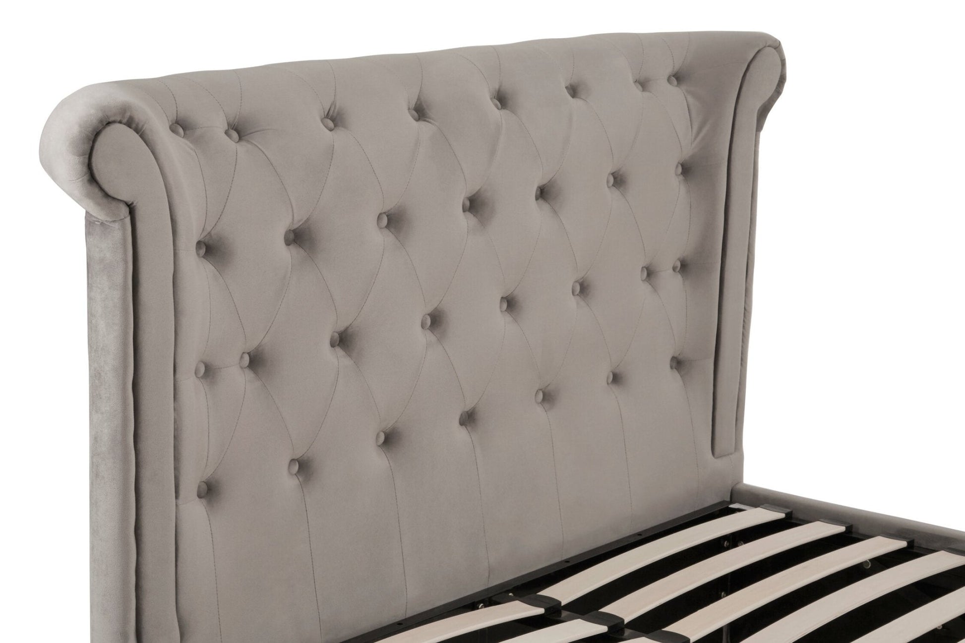 Edison Grey Velvet Ottoman Double Bed | Luxury Home Accessories | Heulog Glow