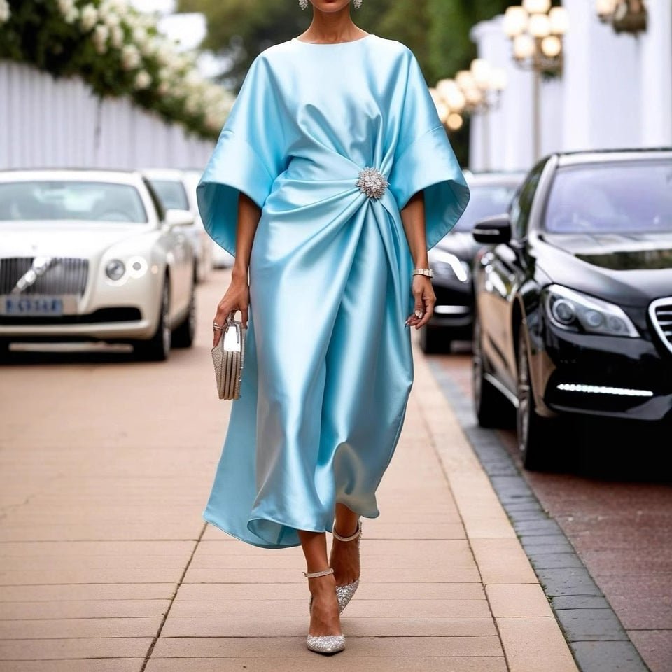 Elegant Commuter Design Sense Satin Long Dress For Women With Pearl Flower Decoration High Waist Irregular Skirt | Luxury Home Accessories | Heulog Glow