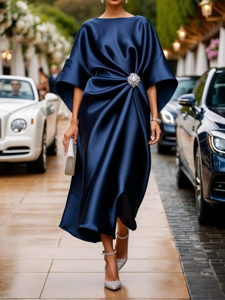 Elegant Commuter Design Sense Satin Long Dress For Women With Pearl Flower Decoration High Waist Irregular Skirt | Luxury Home Accessories | Heulog Glow