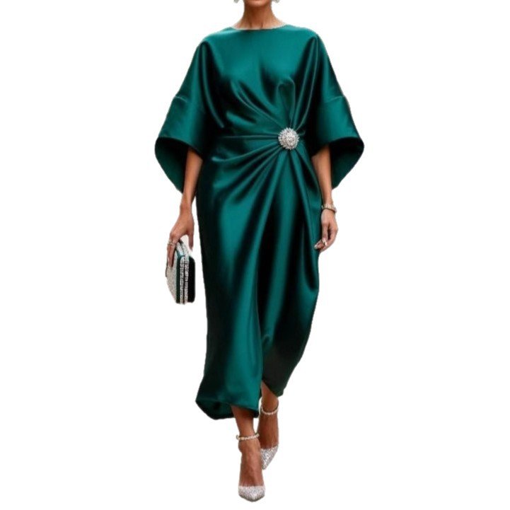 Elegant Commuter Design Sense Satin Long Dress For Women With Pearl Flower Decoration High Waist Irregular Skirt | Luxury Home Accessories | Heulog Glow