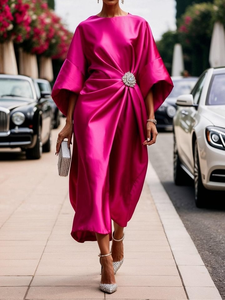 Elegant Commuter Design Sense Satin Long Dress For Women With Pearl Flower Decoration High Waist Irregular Skirt | Luxury Home Accessories | Heulog Glow