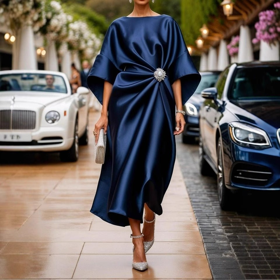 Elegant Commuter Design Sense Satin Long Dress For Women With Pearl Flower Decoration High Waist Irregular Skirt | Luxury Home Accessories | Heulog Glow