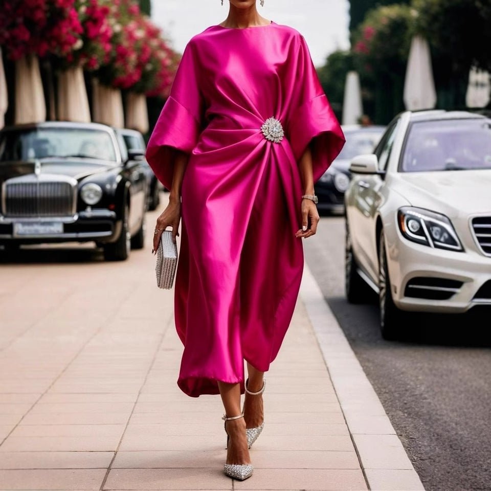 Elegant Commuter Design Sense Satin Long Dress For Women With Pearl Flower Decoration High Waist Irregular Skirt | Luxury Home Accessories | Heulog Glow