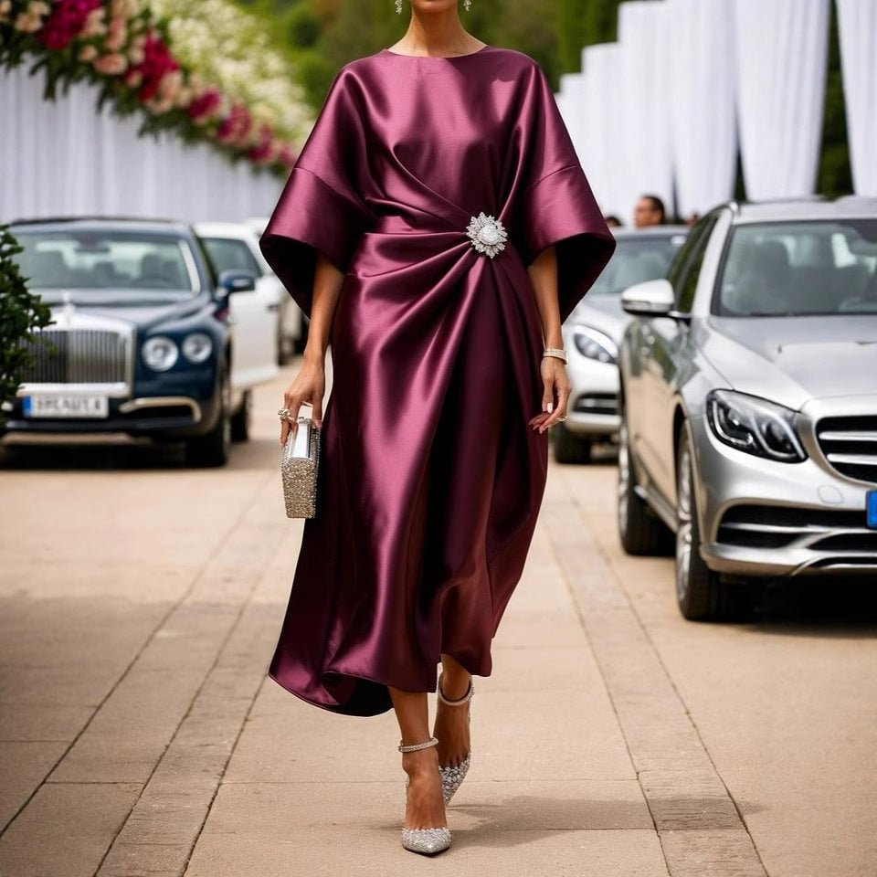 Elegant Commuter Design Sense Satin Long Dress For Women With Pearl Flower Decoration High Waist Irregular Skirt | Luxury Home Accessories | Heulog Glow