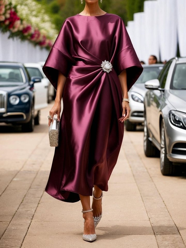 Elegant Commuter Design Sense Satin Long Dress For Women With Pearl Flower Decoration High Waist Irregular Skirt | Luxury Home Accessories | Heulog Glow