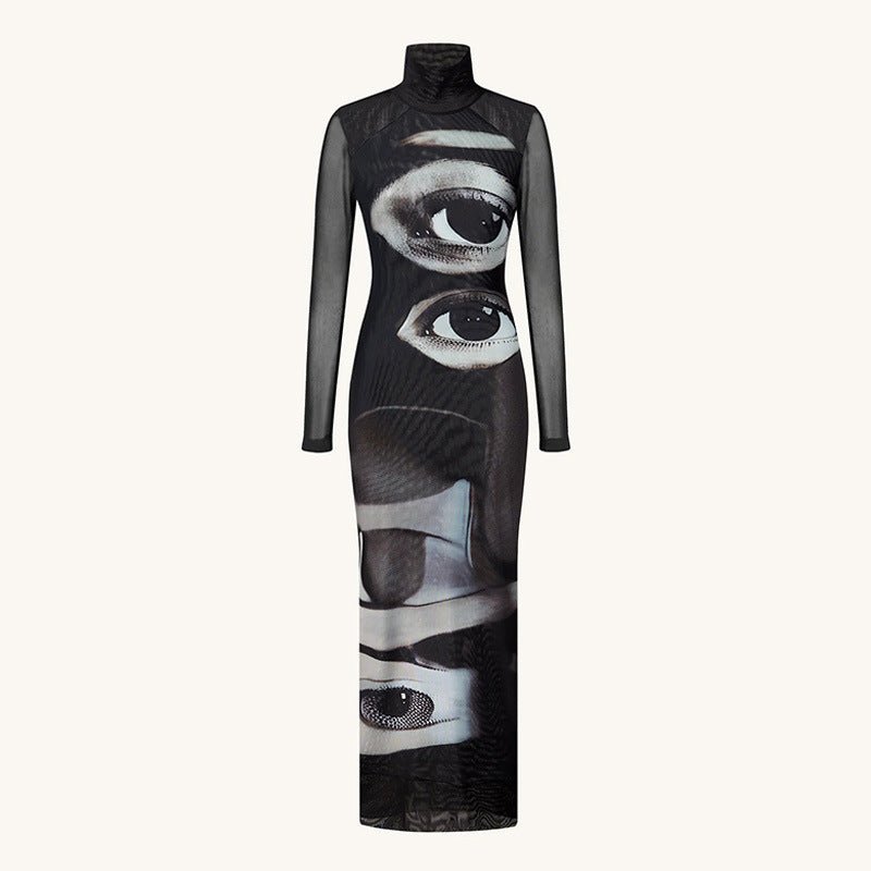 Elegant Mesh Double-layer Printed Crew-neck Long-sleeve Dress | Luxury Home Accessories | Heulog Glow