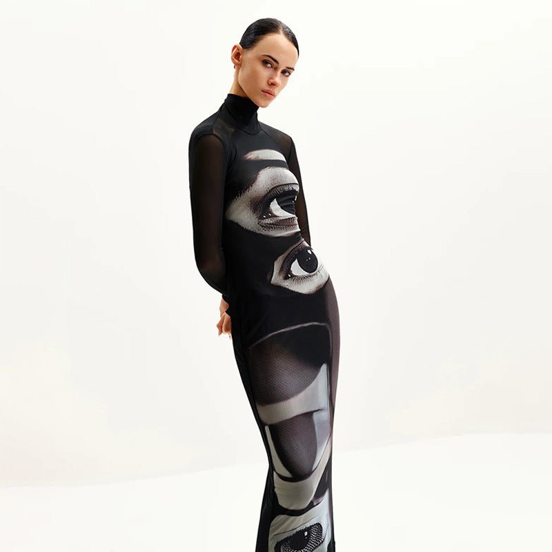 Elegant Mesh Double-layer Printed Crew-neck Long-sleeve Dress | Luxury Home Accessories | Heulog Glow