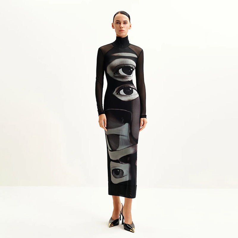 Elegant Mesh Double-layer Printed Crew-neck Long-sleeve Dress | Luxury Home Accessories | Heulog Glow