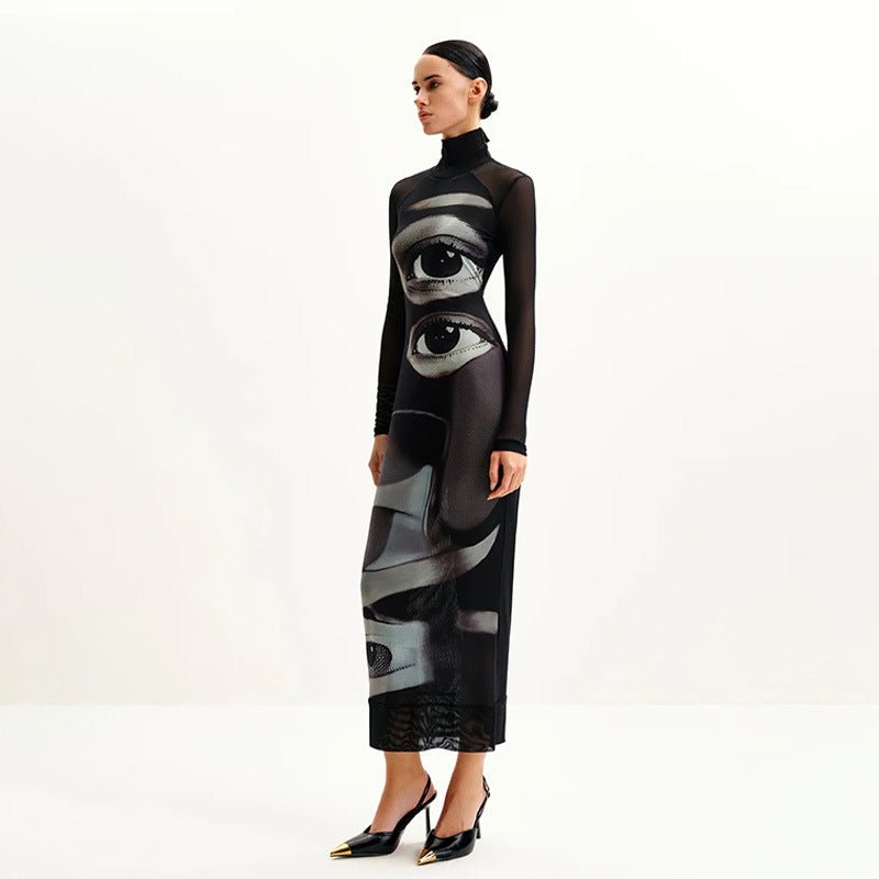 Elegant Mesh Double-layer Printed Crew-neck Long-sleeve Dress | Luxury Home Accessories | Heulog Glow