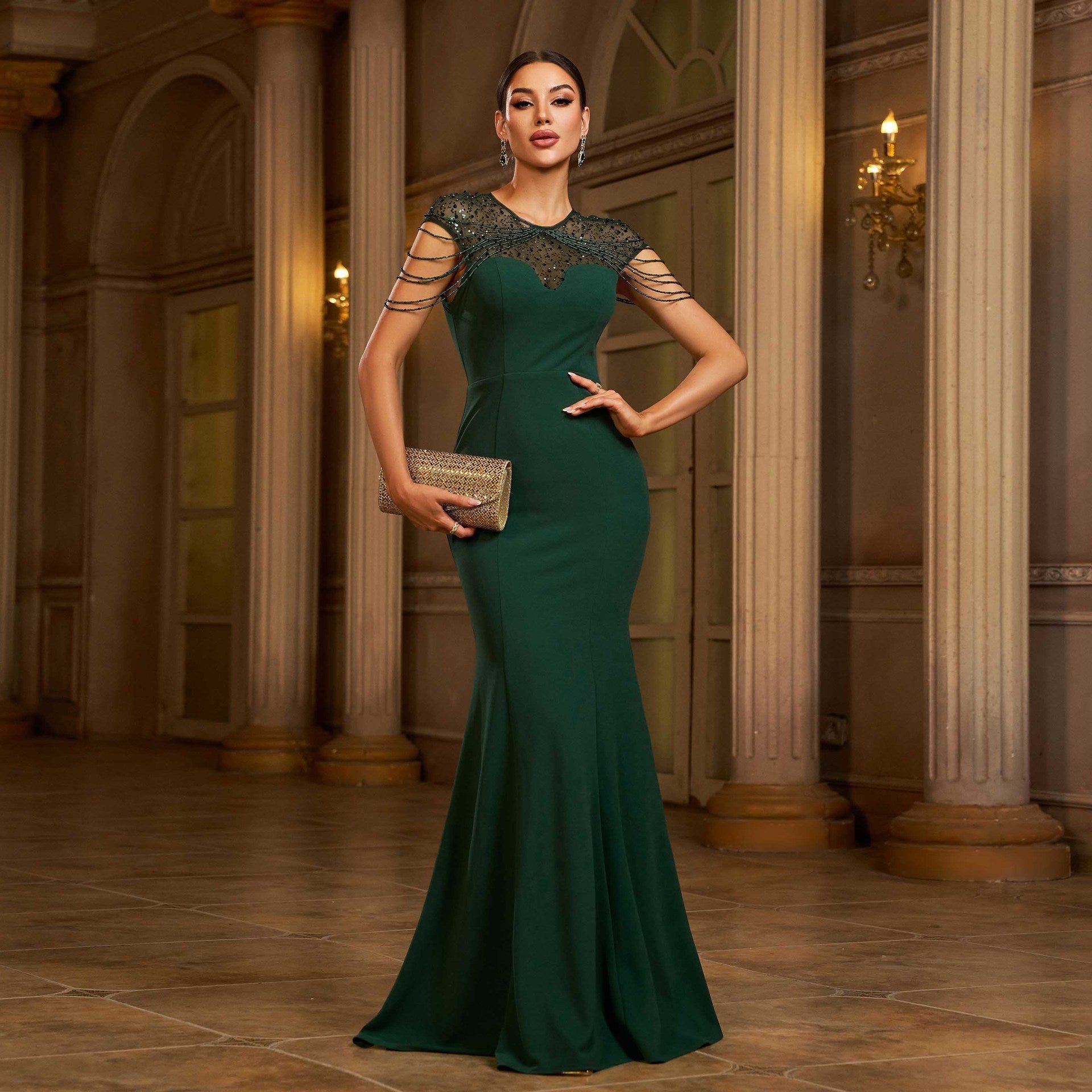 Elegant Sleeveless Round Neck Sequins Slim-fit Sheath Banquet Fishtail Evening Dress | Luxury Home Accessories | Heulog Glow