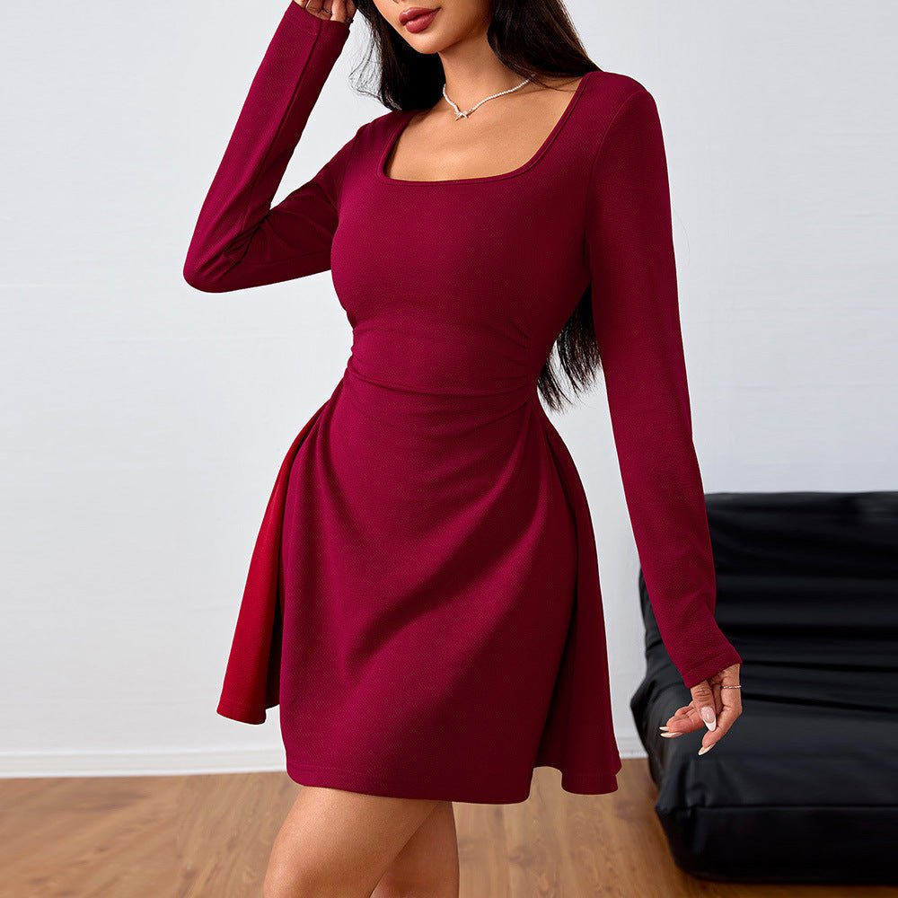 Elegant Square-neck Dress With A High-waisted Designer-style Wine-red Hue | Luxury Home Accessories | Heulog Glow