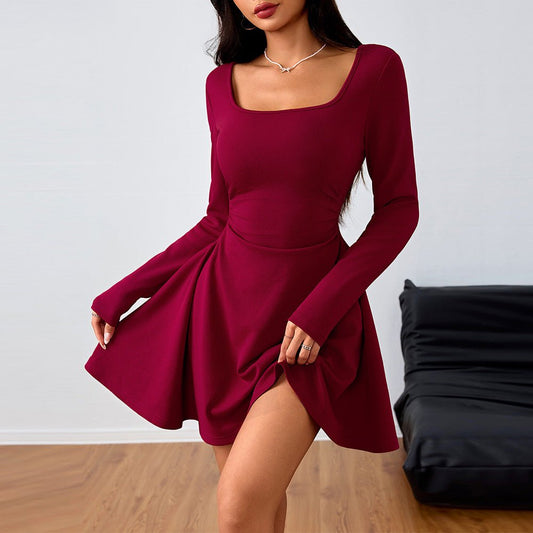 Elegant Square-neck Dress With A High-waisted Designer-style Wine-red Hue | Luxury Home Accessories | Heulog Glow