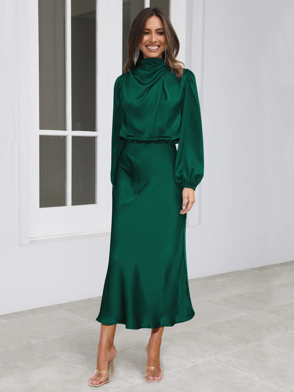 Elegant Temperament Long-sleeved Dress Satin Halterneck Formal Evening Dresses Women Clothing | Luxury Home Accessories | Heulog Glow