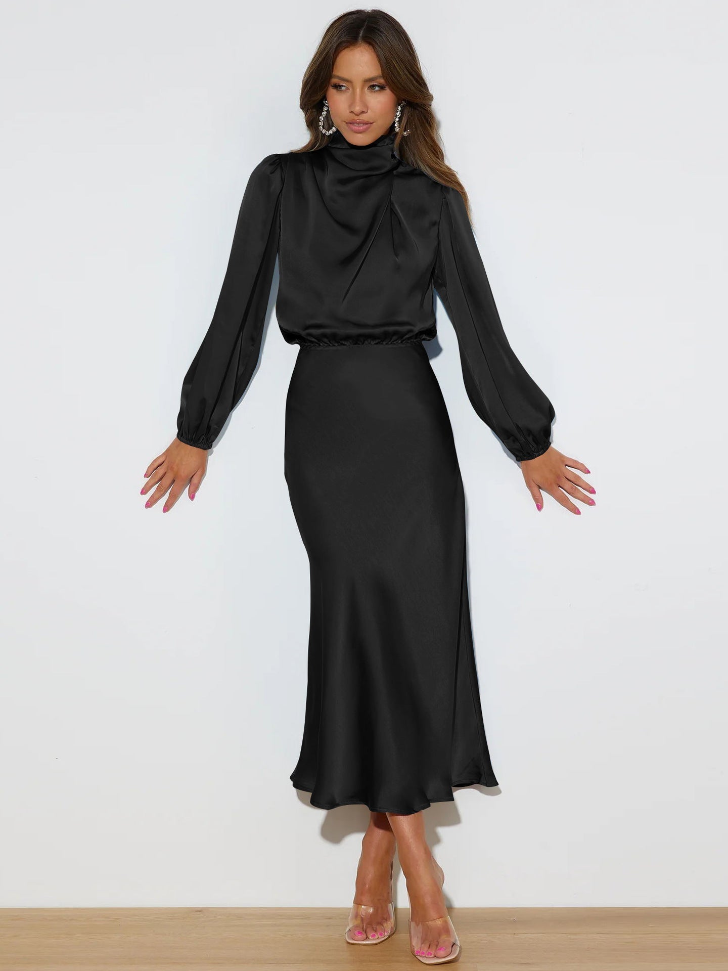 Elegant Temperament Long-sleeved Dress Satin Halterneck Formal Evening Dresses Women Clothing | Luxury Home Accessories | Heulog Glow