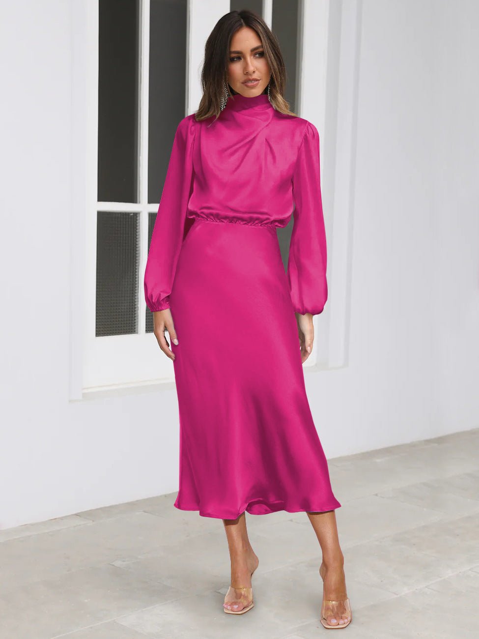 Elegant Temperament Long-sleeved Dress Satin Halterneck Formal Evening Dresses Women Clothing | Luxury Home Accessories | Heulog Glow