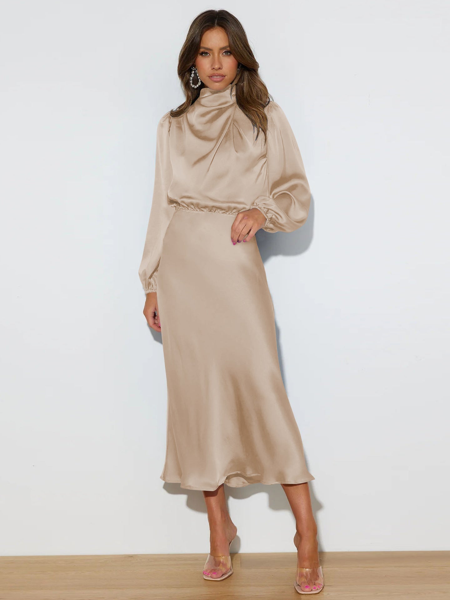 Elegant Temperament Long-sleeved Dress Satin Halterneck Formal Evening Dresses Women Clothing | Luxury Home Accessories | Heulog Glow