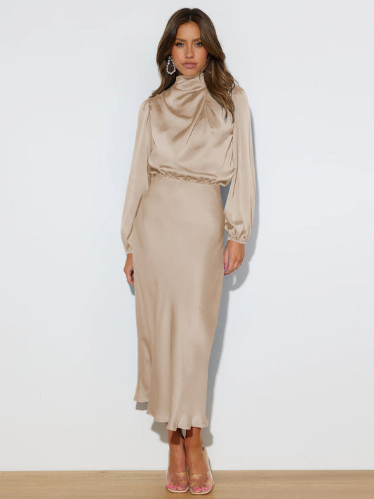 Elegant Temperament Long-sleeved Dress Satin Halterneck Formal Evening Dresses Women Clothing | Luxury Home Accessories | Heulog Glow