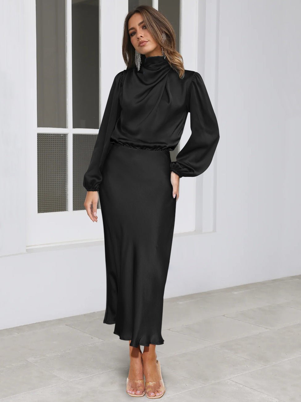 Elegant Temperament Long-sleeved Dress Satin Halterneck Formal Evening Dresses Women Clothing | Luxury Home Accessories | Heulog Glow