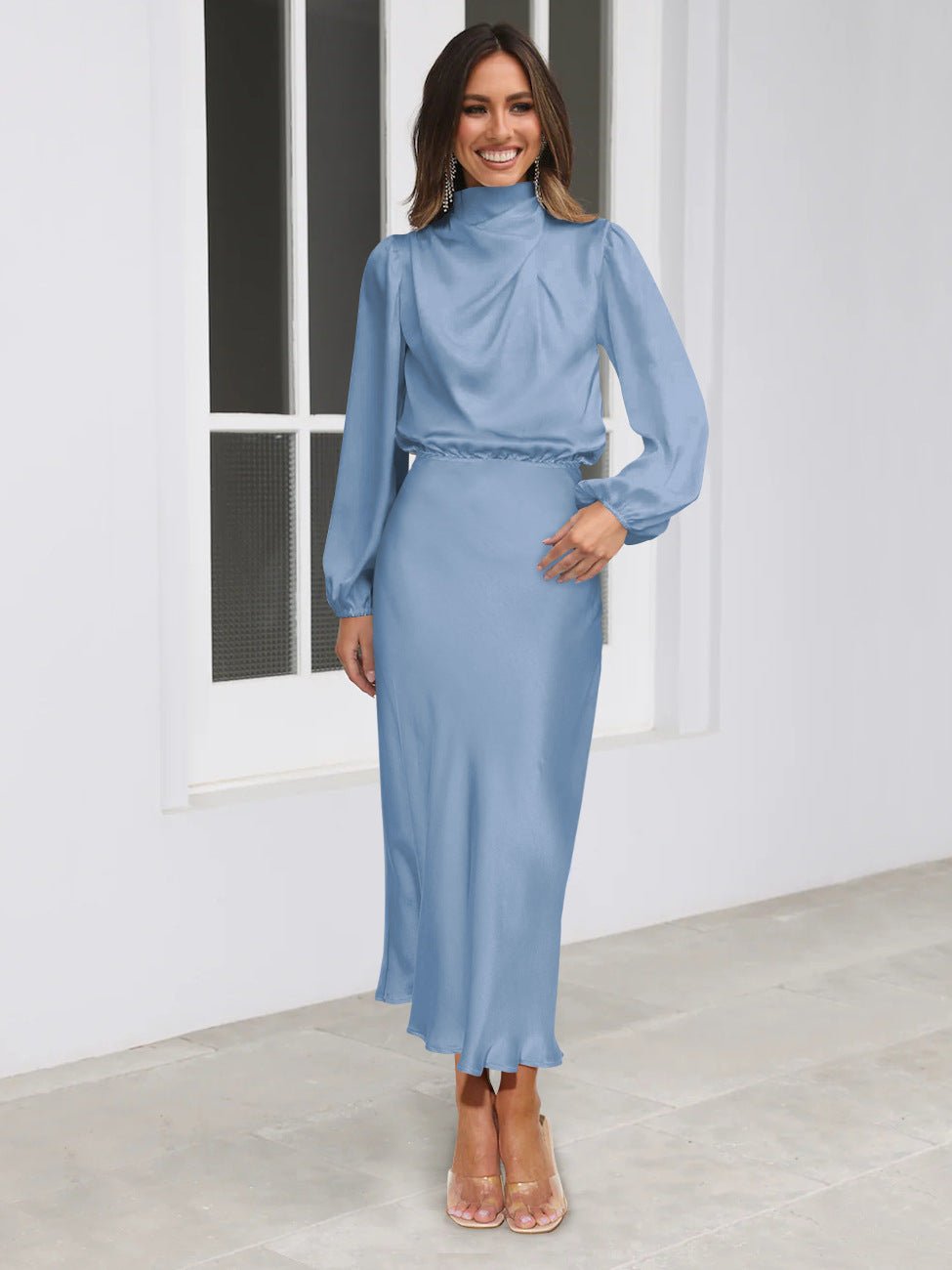 Elegant Temperament Long-sleeved Dress Satin Halterneck Formal Evening Dresses Women Clothing | Luxury Home Accessories | Heulog Glow