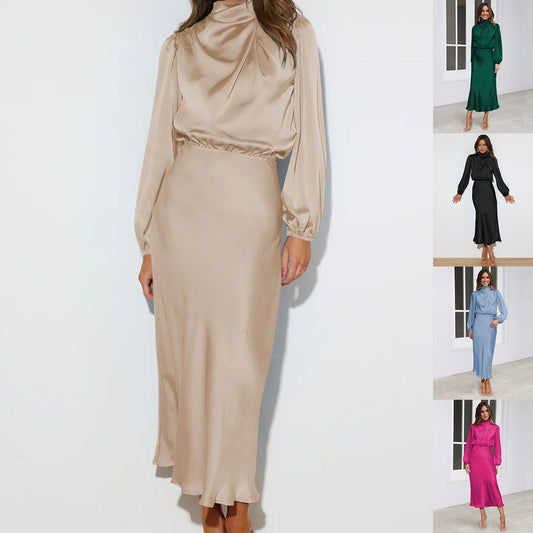 Elegant Temperament Long-sleeved Dress Satin Halterneck Formal Evening Dresses Women Clothing | Luxury Home Accessories | Heulog Glow