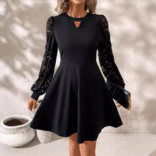 Elegant Women's Black Round Neck Lace Stitching Long Sleeve Slim Flared Hem Dress | Luxury Home Accessories | Heulog Glow