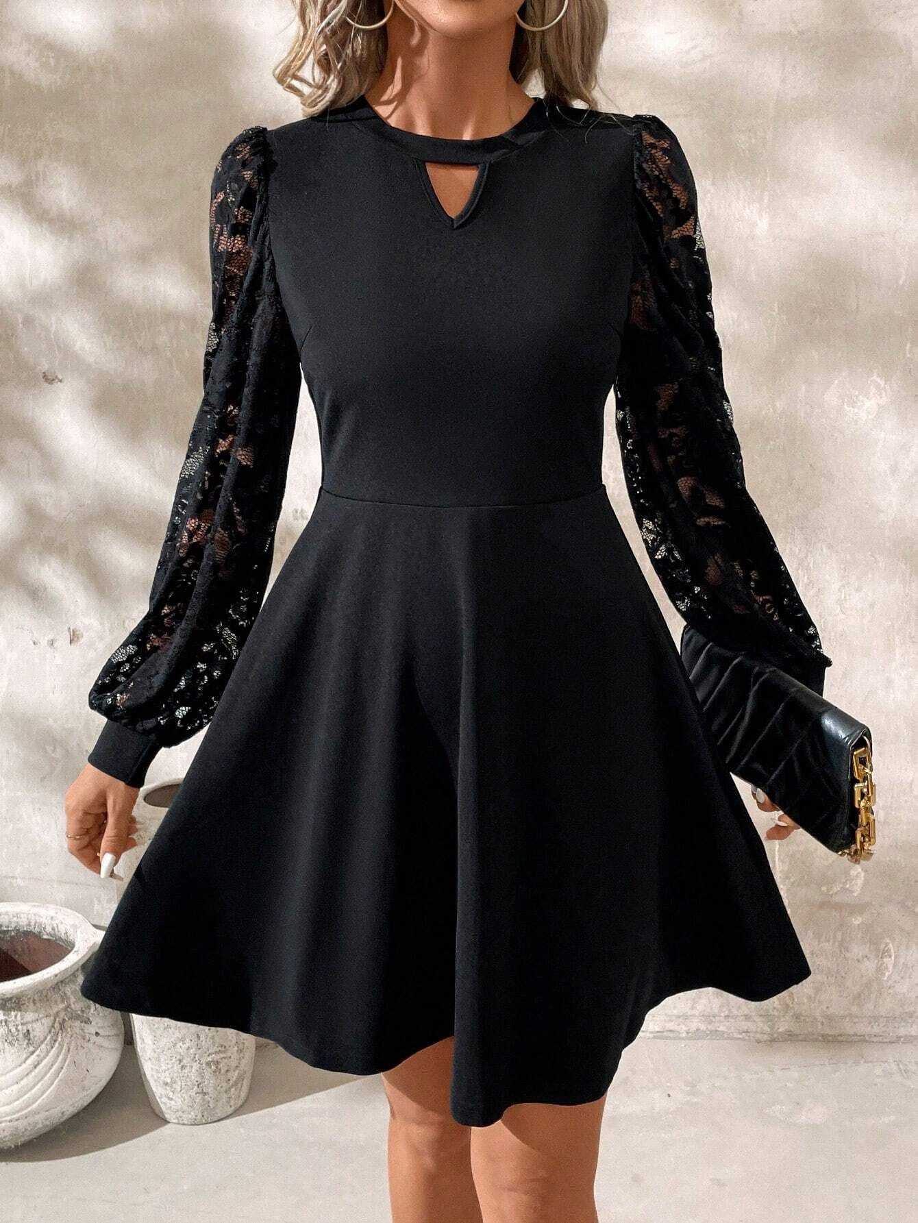 Elegant Women's Black Round Neck Lace Stitching Long Sleeve Slim Flared Hem Dress | Luxury Home Accessories | Heulog Glow